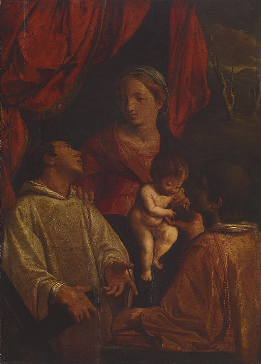 Madonna and Child with St Lawrence and St Stephen, vintage artwork by Angelo Caroselli, 12x8" (A4) Poster