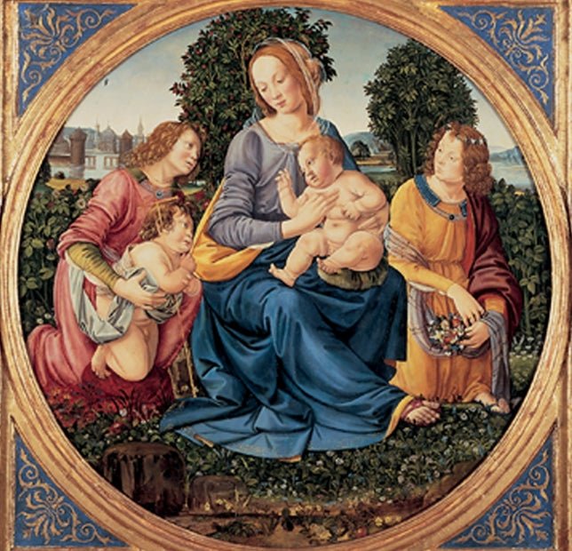 Madonna and Child with the Infant Saint John and Two Angels, vintage artwork by Lorenzo di Credi, A3 (16x12") Poster Print