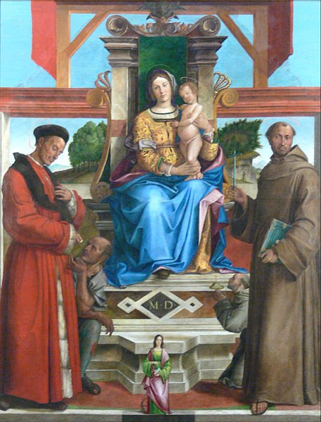 Madonna Enthroned with Saints Homoborus, Francis and Catherine, vintage artwork by Bartolomeo Montagna, A3 (16x12") Poster Print