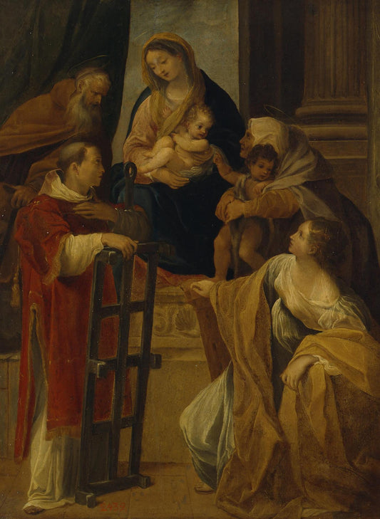 Madonna with Child, St Anthony, St Lawrence, St Elizabeth, St John the Baptist and St Barbara (?), vintage artwork by Lodovico Carracci, A3 (16x12") Poster Print