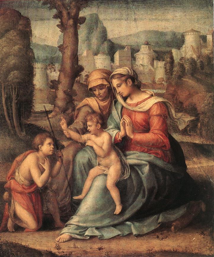 Madonna with Christ Child, Saint Elizabeth and Saint John the Baptist, vintage artwork by Il Bacchiacca, A3 (16x12") Poster Print