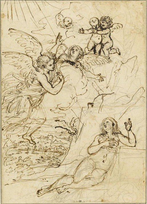 Magdalene in the Desert, Visited by  Angels, vintage artwork by Francesco Albani, 12x8" (A4) Poster