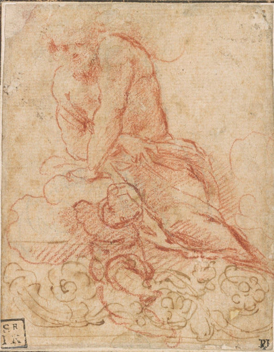 Male Figure, Nude to the Waist, With a Putto and Decorative Frieze, vintage artwork by Correggio, A3 (16x12") Poster Print