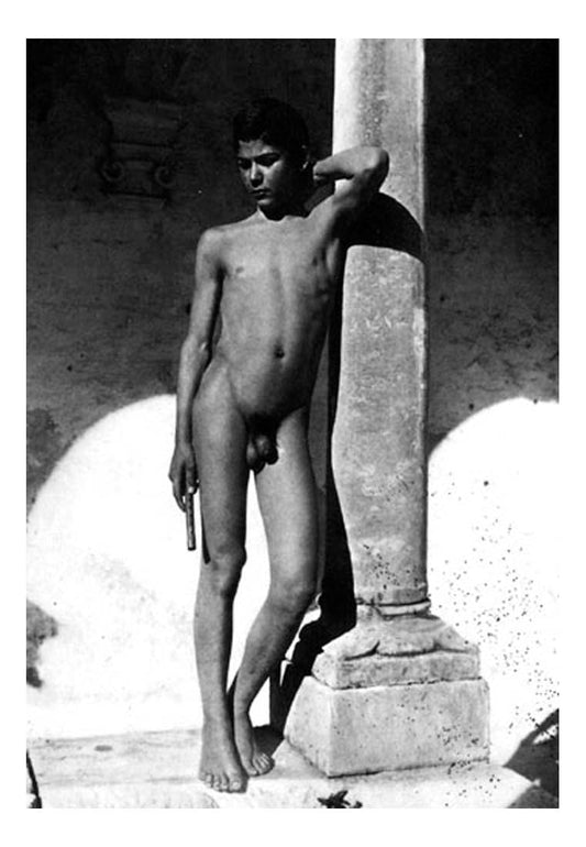 male nude by column, historic photo by Wilhelm von Gloeden, 16x12"(A3) Poster