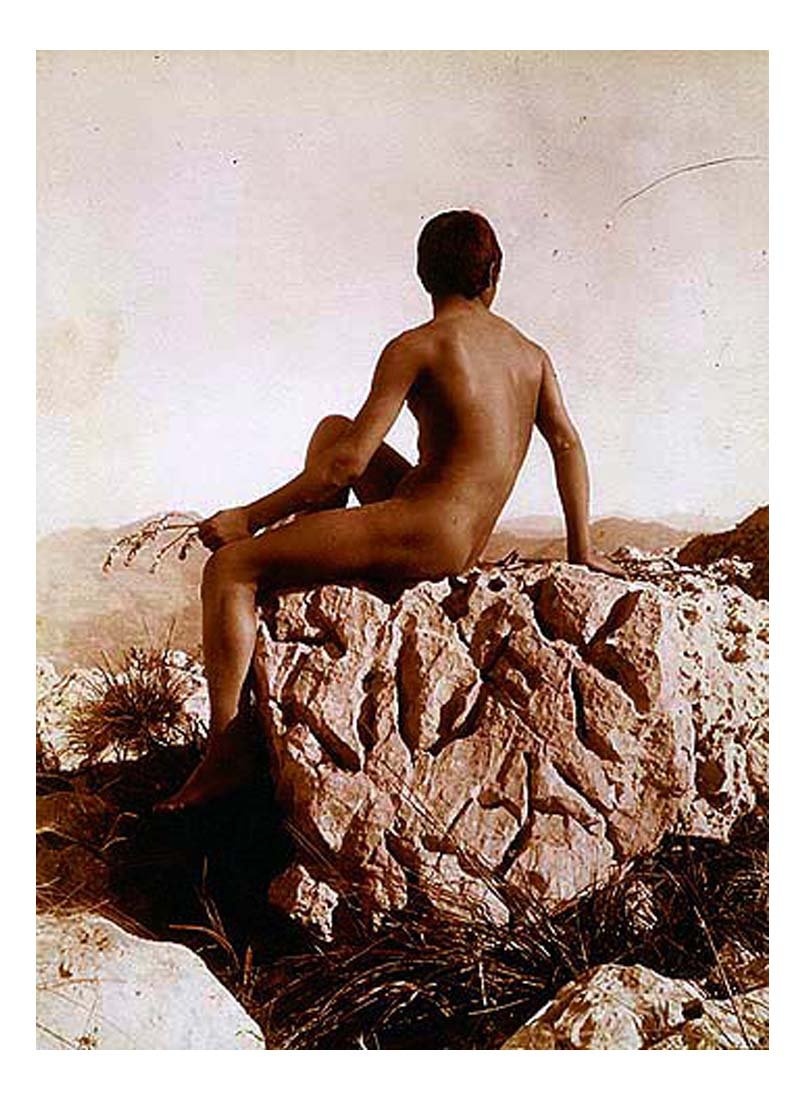 male nude on rock from back, historic photo by Wilhelm von Gloeden, 16x12"(A3) Poster