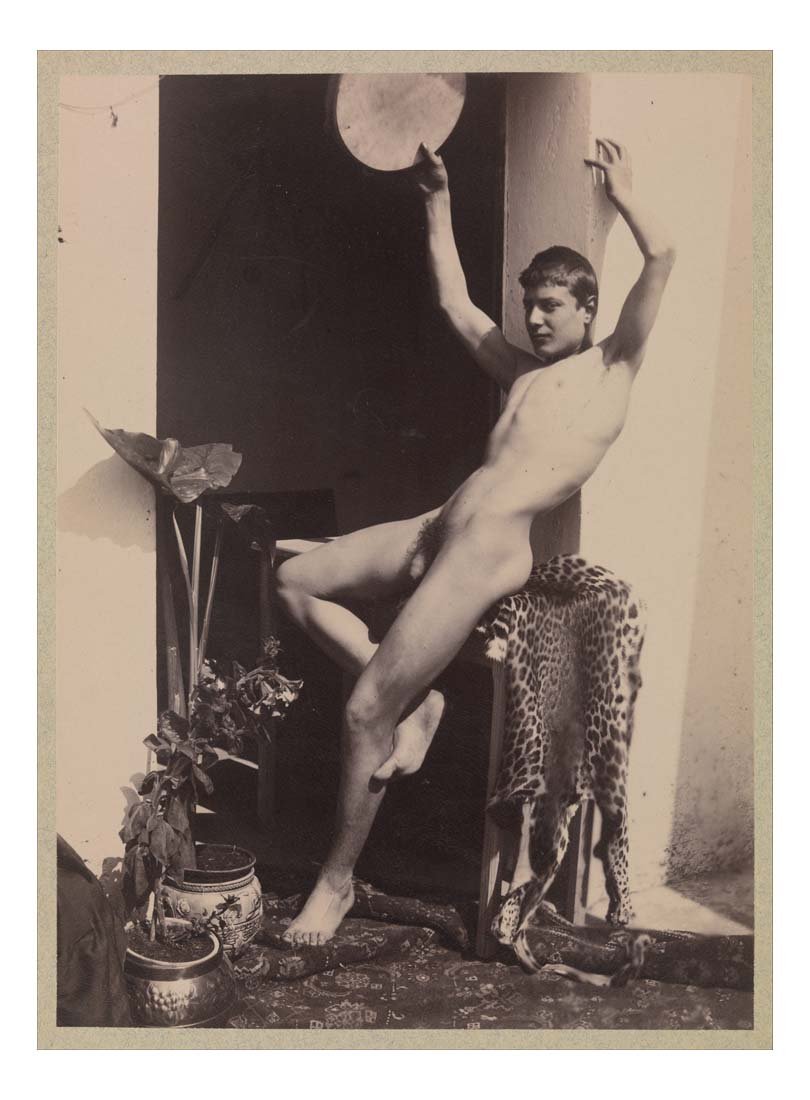 Male nude seated leopard skin, historic 19th century photo, Italy by Wilhelm von Pluschow, 16x12"(A3) Poster
