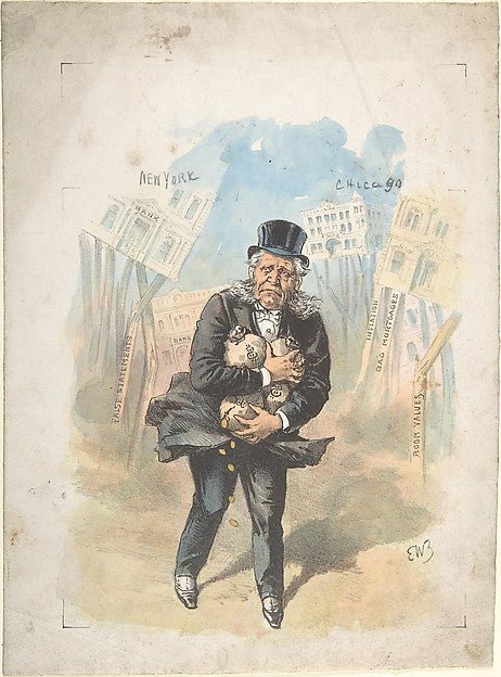Man Clutching Moneybags While Banks Collapse late 19th–early 2, vintage art, A3 (16x12") Poster Print