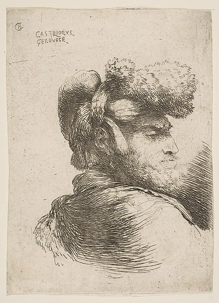 Man in profile facing right  wearing a fur hat  from series of, vintage art, A3 (16x12") Poster Print