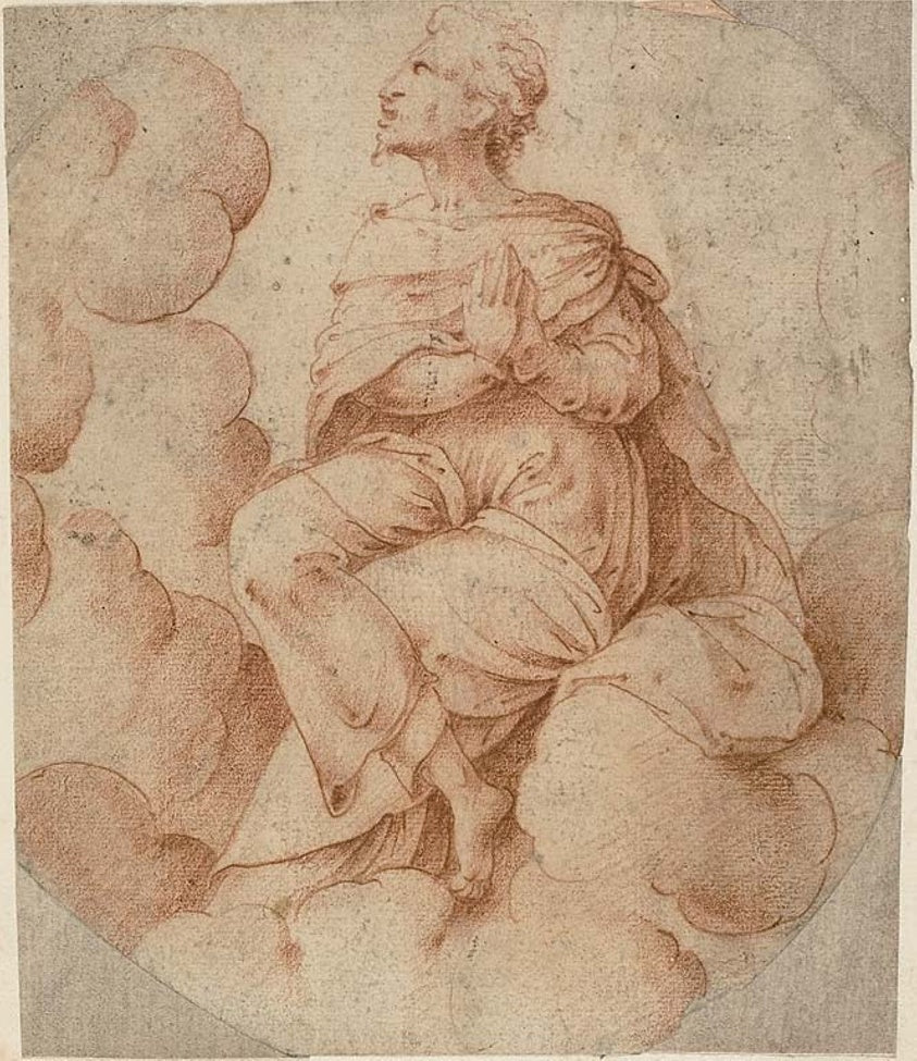Man with Hands in Prayer, Seated in Clouds by  Attributed to Jean Duvet (French, 1485-c. 1570) or his circle, 23x16"( A2 size) Poster Print