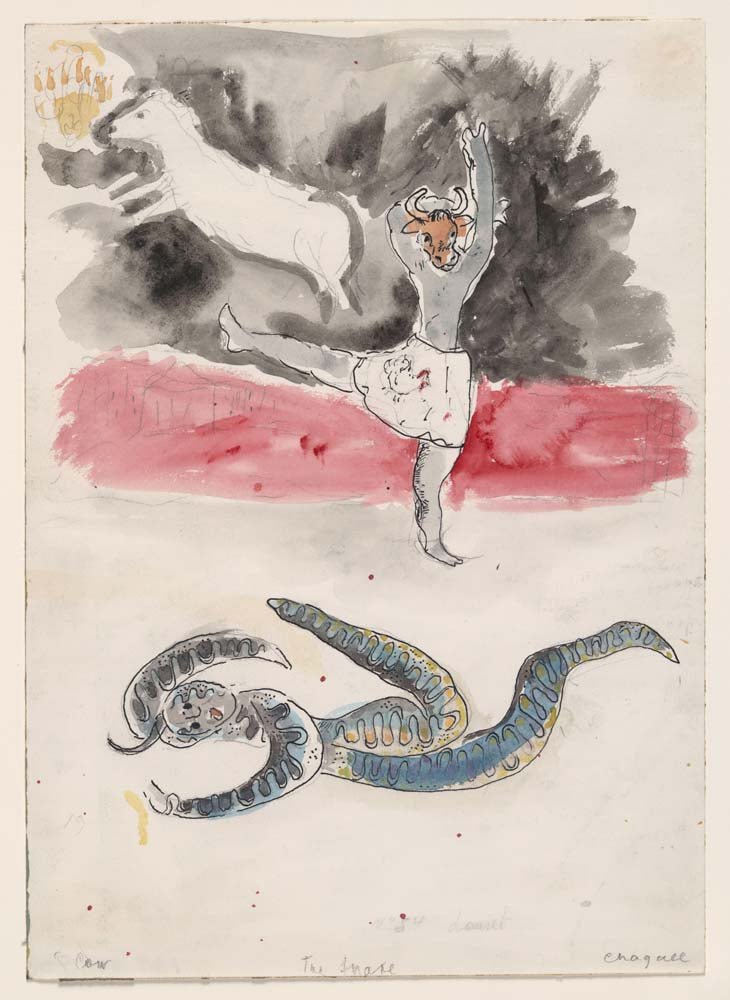 Marc Chagall - A Snake and a Cow, costume design for Aleko, vintage art, modern poster print