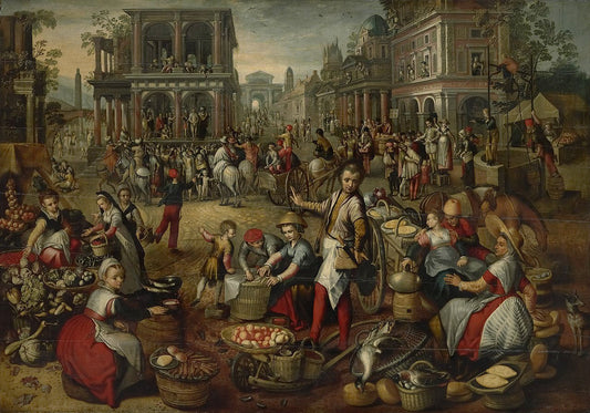 Market Scene, Ecce Homo, the Flagellation and the Carrying of the Cross, vintage artwork by Joachim Beuckelaer, 12x8" (A4) Poster
