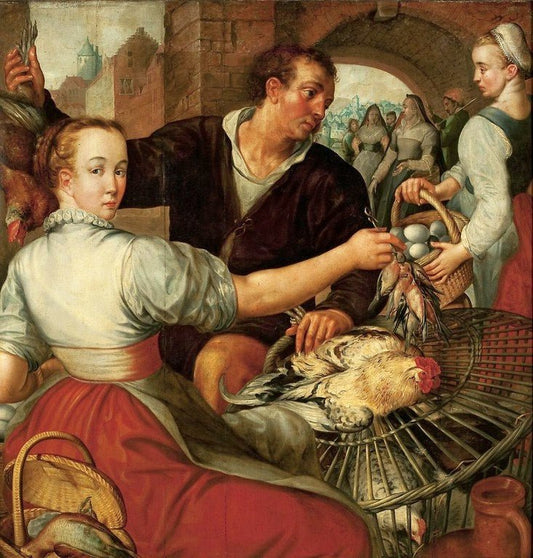 Market scene with a poultry seller, vintage artwork by Joachim Beuckelaer, 12x8" (A4) Poster
