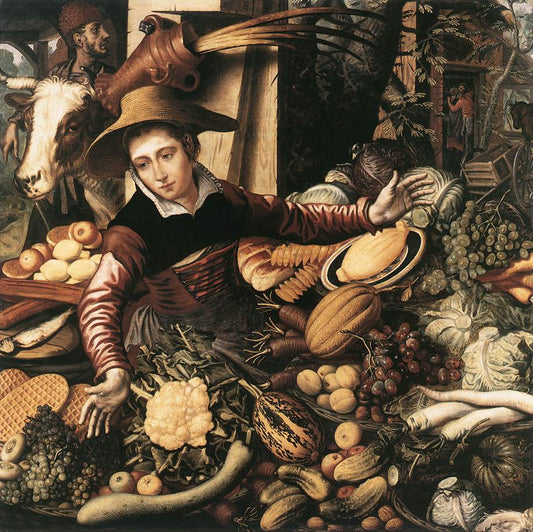 Market Woman with Vegetable Stall, vintage artwork by Pieter Aertsen, A3 (16x12") Poster Print