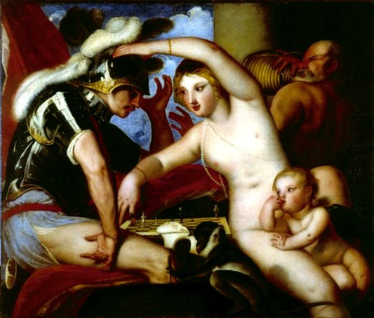 Mars and Venus Playing Chess, vintage artwork by Alessandro Varotari, 12x8" (A4) Poster