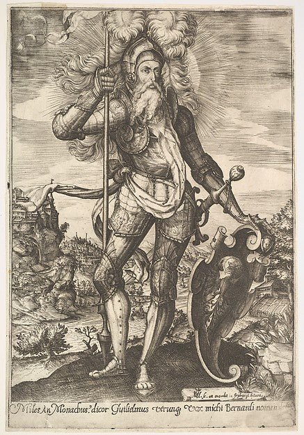 Martinus Martini , Previously attributed to Melchior Meier:St. William of Aquitaine in armor bearing a standard in his right hand and resting his left hand on a shield a landscape beyond c1581–1610, vintage artwork, 16x12"(A3) Poster Print
