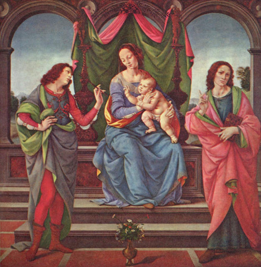 Mary and Child with Saint Sebastian and John the Evangelist, vintage artwork by Lorenzo di Credi, A3 (16x12") Poster Print