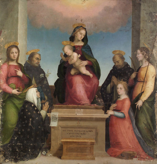 Mary with Katharine of Siena, Katharine of Alexandria, Mary Magdalene and Saints, vintage artwork by Mariotto Albertinelli, A3 (16x12") Poster Print