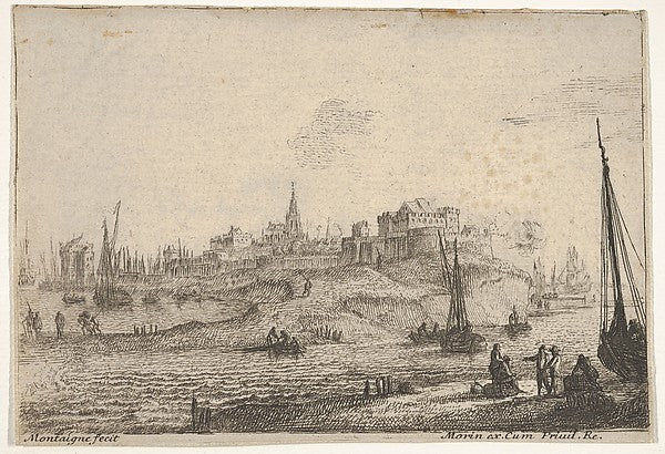 Matthijs van Plattenberg:View of a peninsula with figures and ships with bare masts in the right foreground five figures congregate around two barrels town buildings beyond c1625–60, vintage artwork, 16x12"(A3) Poster Print