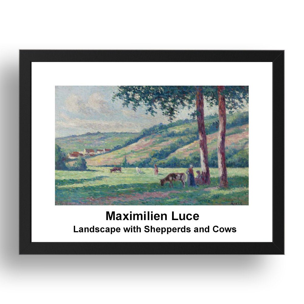 Maximilien Luce: Landscape with Shepperds and Cows, vintage impressionist artwork, 17x13"(A3) Frame