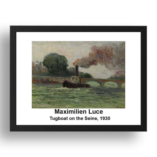 Maximilien Luce: Tugboat on the Seine 1930, vintage impressionist artwork, 17x13"(A3) Frame