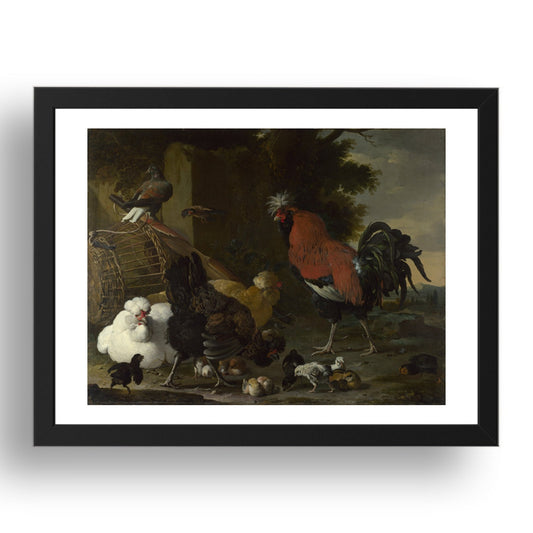 Melchior d'Hondecoeter: A Cock, Hens and Chicks, Poster in 17x13"(A3) Frame