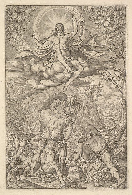 Melchior Meier:Resurrection of Christ encompassed by an aureole and clouds with lines of winged putti to either side a sleeping soldier and arising soldiers below 1577, vintage artwork, 16x12"(A3) Poster Print
