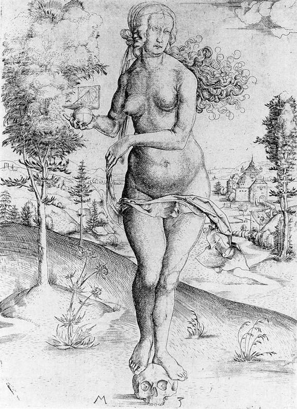 Memento Mori (A Nude Woman Holds a Sundial and Stands on a Skull with a Background Landscape), vintage artwork by Matthaus Zaisinger, A3 (16x12") Poster Print
