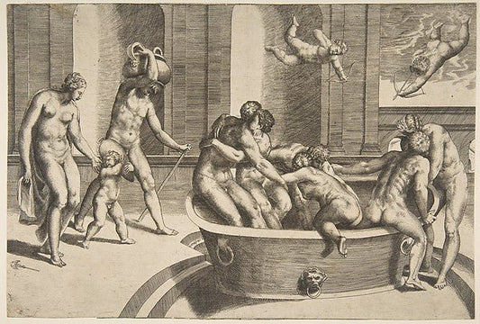 Men and women bathing  some embracing 1531–76-Giulio Bonasone , vintage art, A3 (16x12") Poster Print