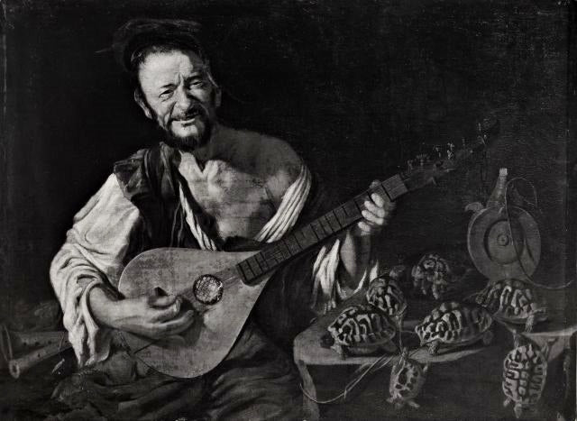 Mendicante con liuto, vintage artwork by Attributed to Tomaso Salini, 12x8" (A4) Poster