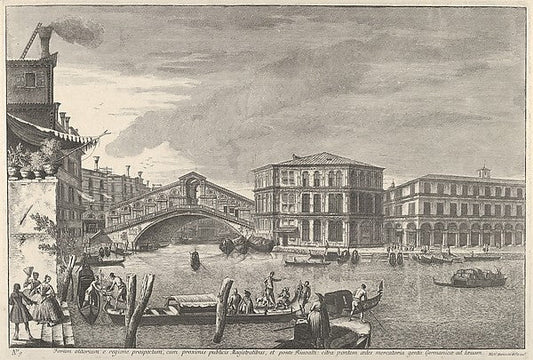 Michele Marieschi:Plate 9: the bridge and market of the Rialto Venice from 'Views of Venice' 1741, vintage artwork, 16x12"(A3) Poster Print