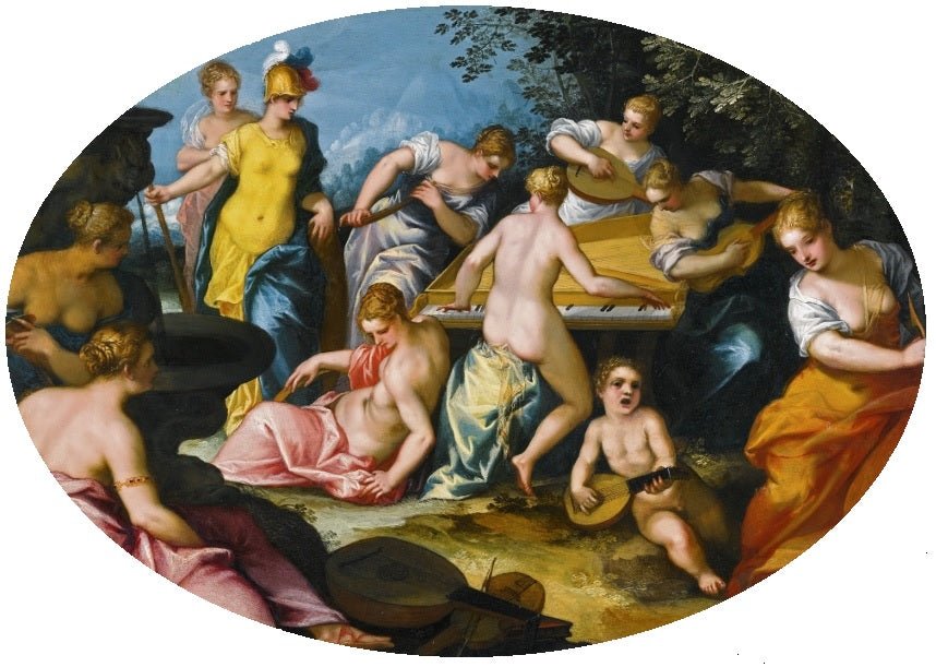 Minerva and the nine muses, vintage artwork by Hans Rottenhammer, A3 (16x12") Poster Print