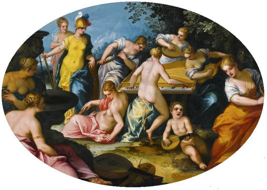 Minerva and the nine muses, vintage artwork by Hans Rottenhammer, A3 (16x12") Poster Print