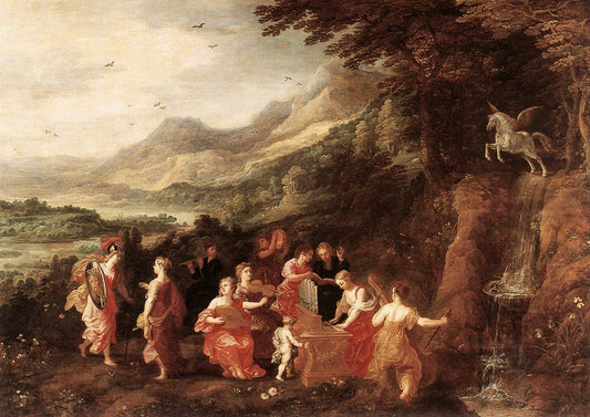 Minerva's Visit to the Muses, vintage artwork by Joos de Momper the Younger, A3 (16x12") Poster Print