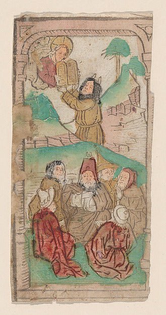 Moses Receiving the Law  illustration from a Biblia Pauperum b, vintage art, A3 (16x12") Poster Print