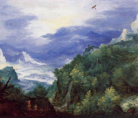 Mountain Landscape overlooking a River Valley, vintage artwork by Jan Brueghel the Elder, 12x8" (A4) Poster