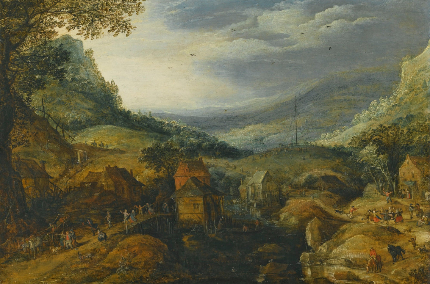 Mountain landscape with country folk dancing and merrymaking, vintage artwork by Joos de Momper the Younger, A3 (16x12") Poster Print