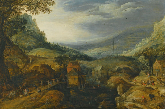 Mountain landscape with country folk dancing and merrymaking, vintage artwork by Joos de Momper the Younger, A3 (16x12") Poster Print