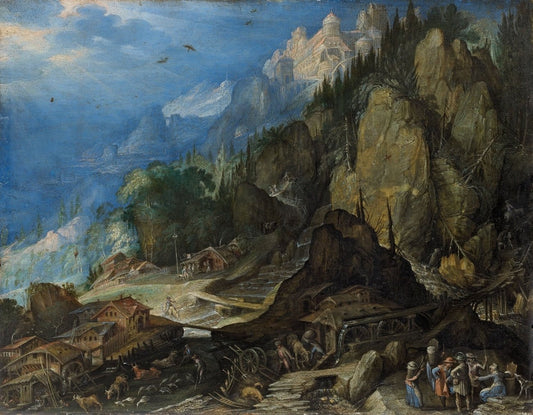 Mountain landscape with two water mills, vintage artwork by Frederik van Valckenborch, A3 (16x12") Poster Print