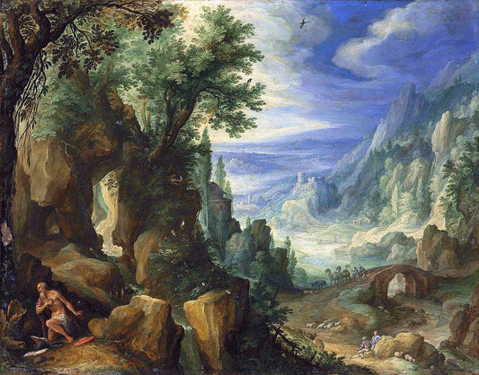 Mountainous Landscape with Saint Jerome, vintage artwork by Paul Bril, A3 (16x12") Poster Print
