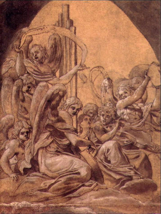 Musician Angels, vintage artwork by Giovanni Francesco Bezzi, 12x8" (A4) Poster