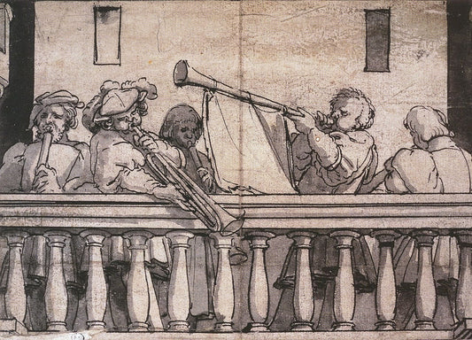 Musicians on a Gallery, vintage artwork by Hans Holbein the Younger, A3 (16x12") Poster Print