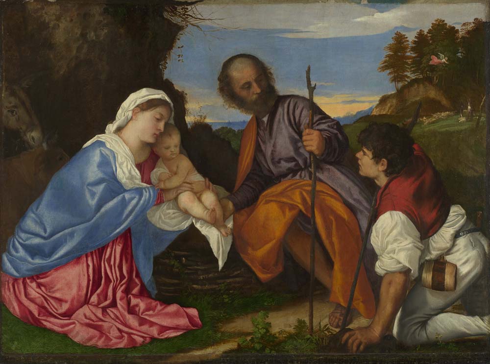 holy family with a shepherd by Titian, ca.1510, 12x8" (A4) Poster