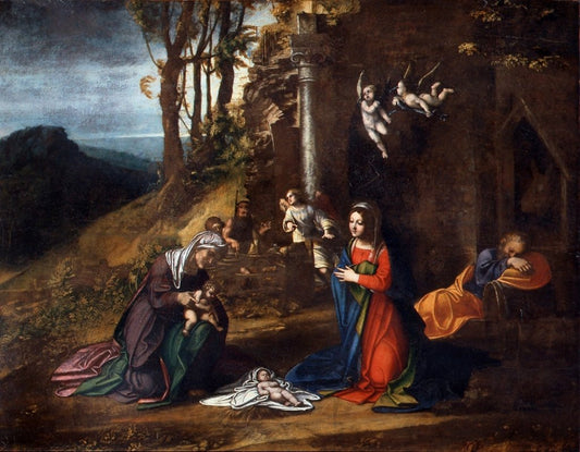 Nativity of Jesus with Saint Elisabeth and the Infant Saint John, vintage artwork by Correggio, A3 (16x12") Poster Print