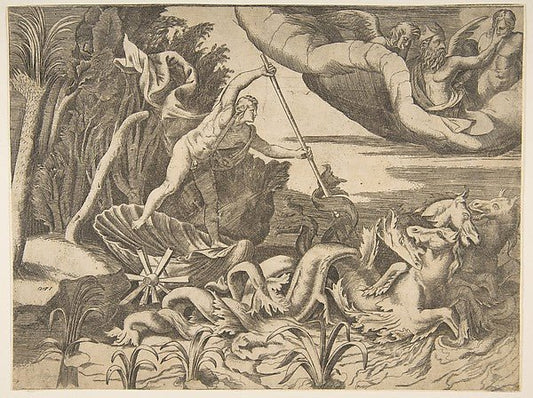 Neptune in his Chariot being drawn by seahorses  from the 'Div, vintage art, A3 (16x12") Poster Print