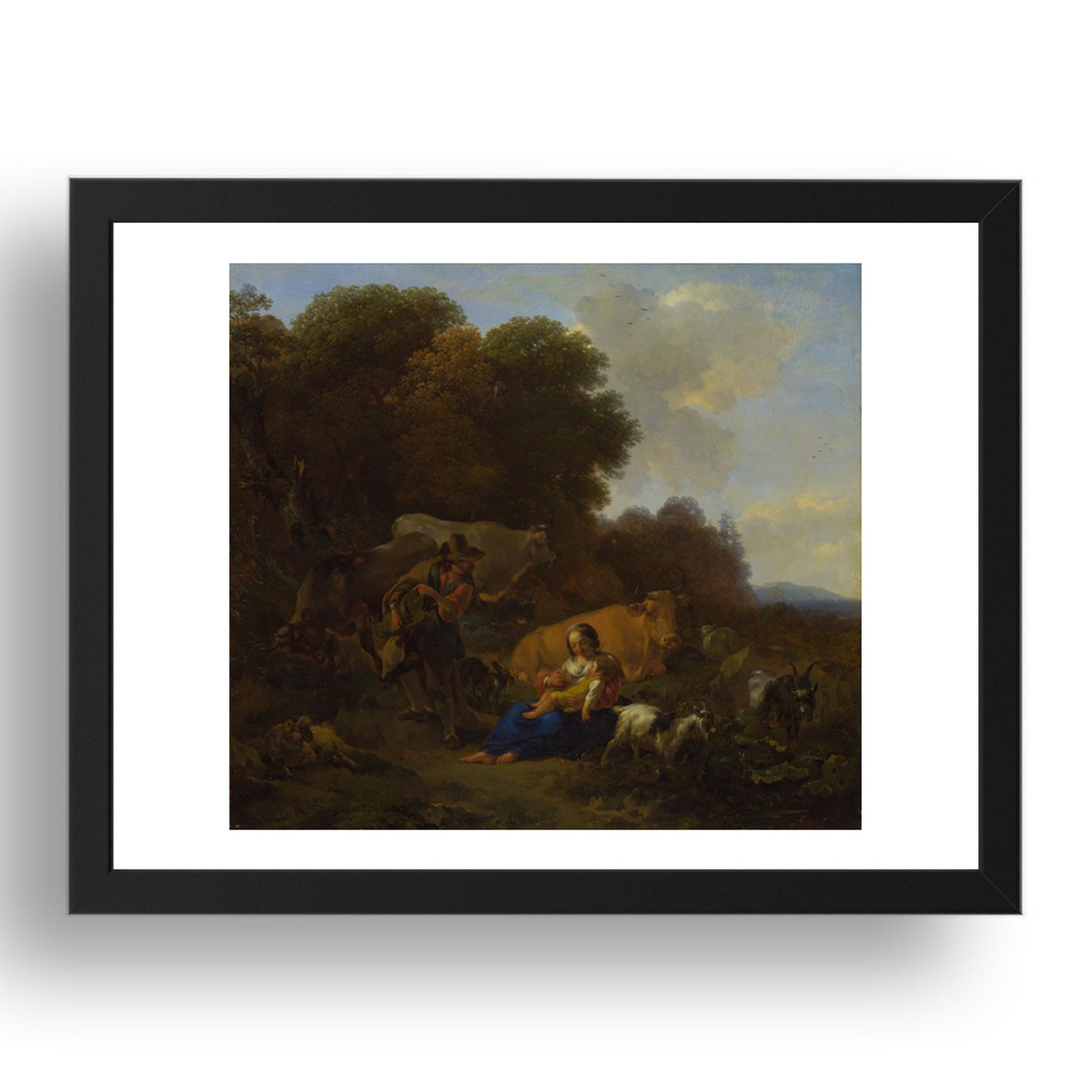 Nicolaes Berchem: A Peasant playing a Hurdy Gurdy to a Woman and Child, Poster in 17x13"(A3) Frame