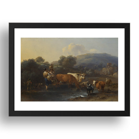 Nicolaes Berchem: Peasants with Cattle fording a Stream, Poster in 17x13"(A3) Frame