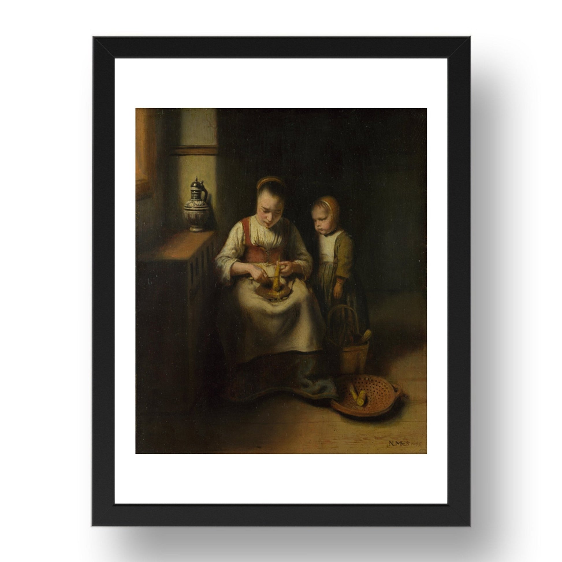 Nicolaes Maes: A Woman scraping Parsnips, with a Child standing by her, Poster in 17x13"(A3) Frame
