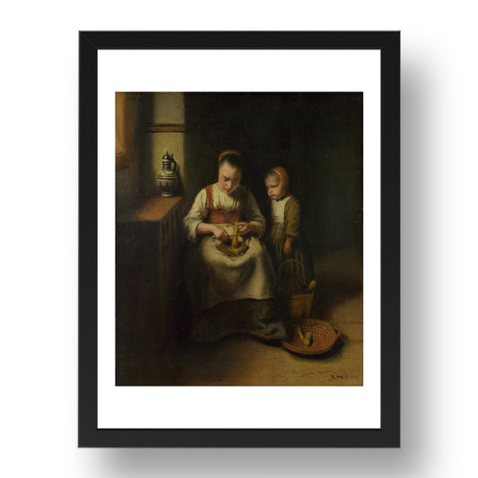 Nicolaes Maes: A Woman scraping Parsnips, with a Child standing by her, Poster in 17x13"(A3) Frame