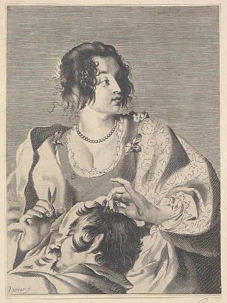 Nicolas Viennot , After Claude Mellan:Delilah preparing to cut Samson's hair with scissors in her right hand below her chest are the head and shoulders of the sleeping Samson c1630, vintage artwork, 16x12"(A3) Poster Print