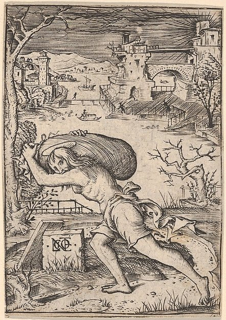 Nicoletto da Modena:A man carrying sack striding to the left-16x12"(A3) Poster
